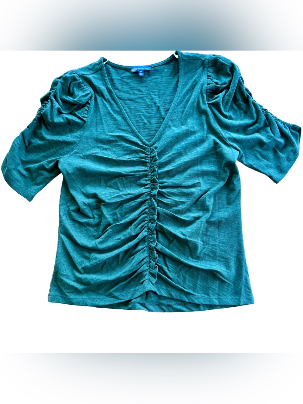 Democracy Women's Green Cotton Ruched V-Neck Top
